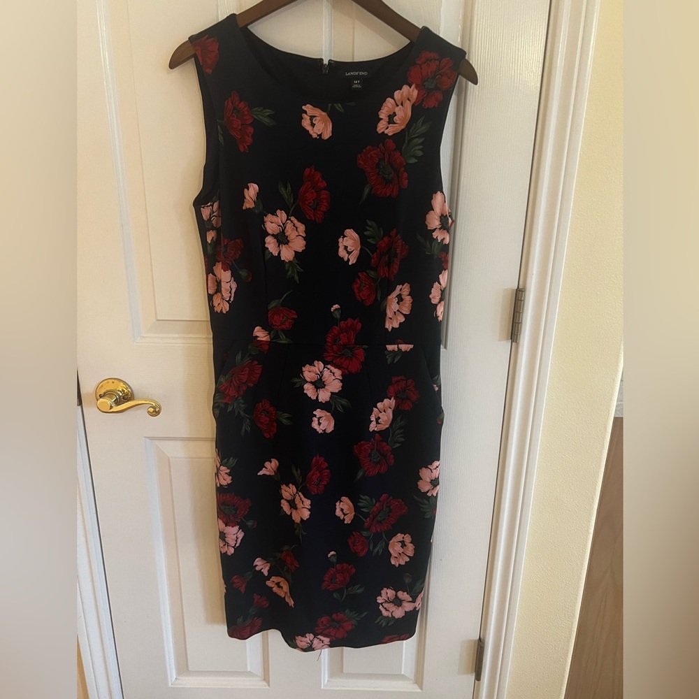 Lands' End Navy Floral Midi Dress 14 Tall